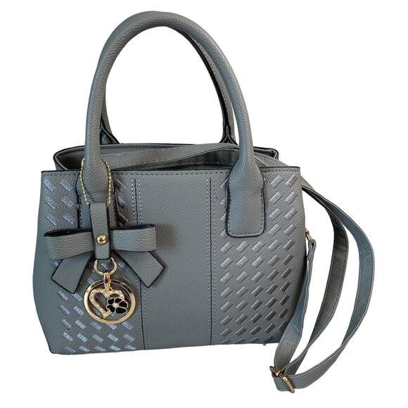 Fashion Bag Gray PU Leather Tote Detachable Crossbody Bow Purse Charm 11x8x5" - Picture 3 of 14